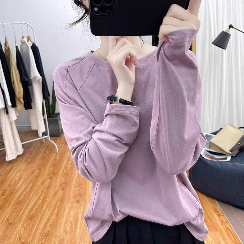 3204 [] Pure Color Long-Sleeved T-Shirt Round Neck Loose Top Retro Bottoming Shirt Patchwork T-Shirt - Image 4