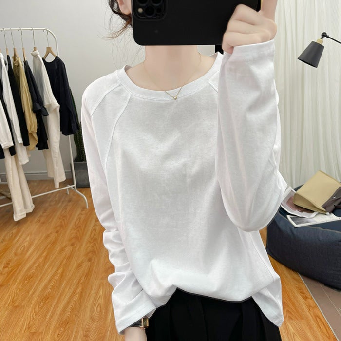3204 [] Pure Color Long-Sleeved T-Shirt Round Neck Loose Top Retro Bottoming Shirt Patchwork T-Shirt - Image 1