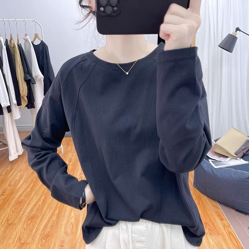 3204 [] Pure Color Long-Sleeved T-Shirt Round Neck Loose Top Retro Bottoming Shirt Patchwork T-Shirt - Image 3