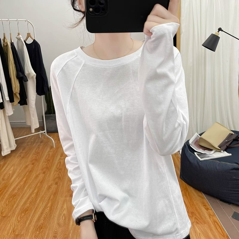 3204 [] Pure Color Long-Sleeved T-Shirt Round Neck Loose Top Retro Bottoming Shirt Patchwork T-Shirt - Image 5
