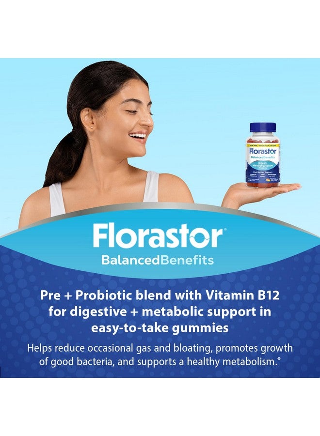 Florastor Digestive and Metabolic Support Probiotic Blend, Prebiotic and Probiotic Gummies for Multi-Action Digestive Health Care, with Vitamin B12, 56 Gummies - Image 2