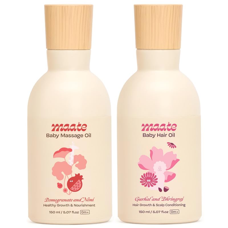 Maate Baby Massage & Hair Oil Combo 150 ml Each | With Coconut, Almond & Bhringraj | Ayurvedic Care for Glwoing Skin, Strong Hair & Healthy Scalp | Light, Non Sticky | Oils for Babies & Kids 0m+ - Image 1