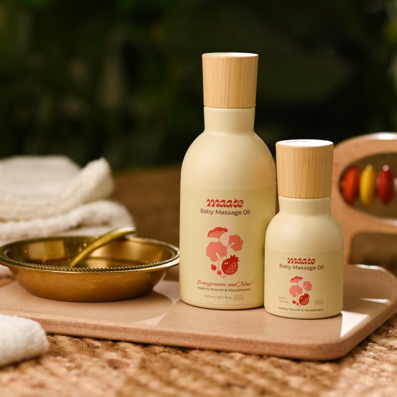 Maate Baby Massage & Hair Oil Combo 150 ml Each | With Coconut, Almond & Bhringraj | Ayurvedic Care for Glwoing Skin, Strong Hair & Healthy Scalp | Light, Non Sticky | Oils for Babies & Kids 0m+ - Image 5
