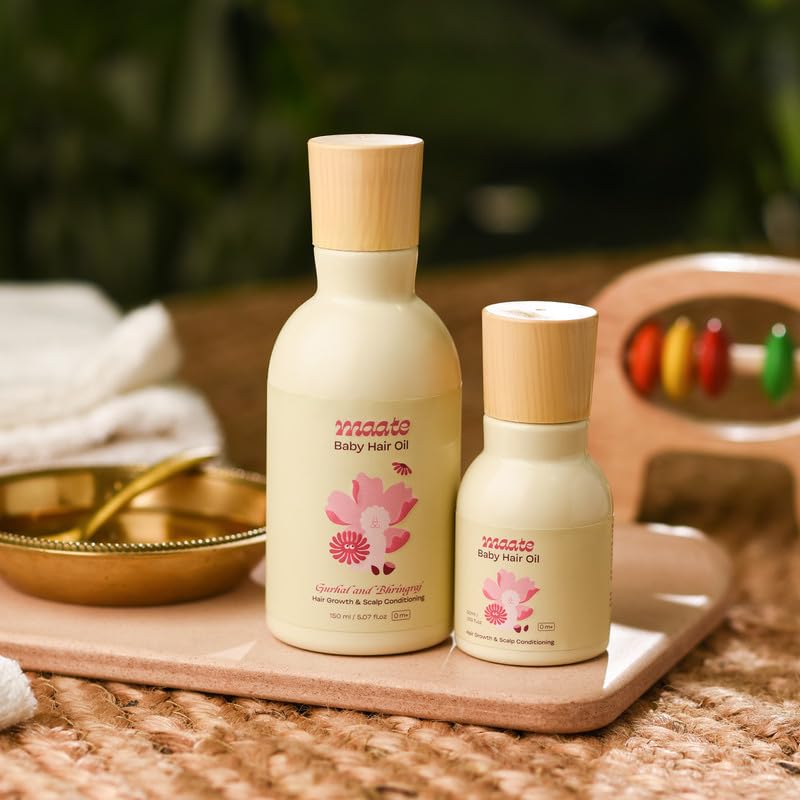Maate Baby Massage & Hair Oil Combo 150 ml Each | With Coconut, Almond & Bhringraj | Ayurvedic Care for Glwoing Skin, Strong Hair & Healthy Scalp | Light, Non Sticky | Oils for Babies & Kids 0m+ - Image 4