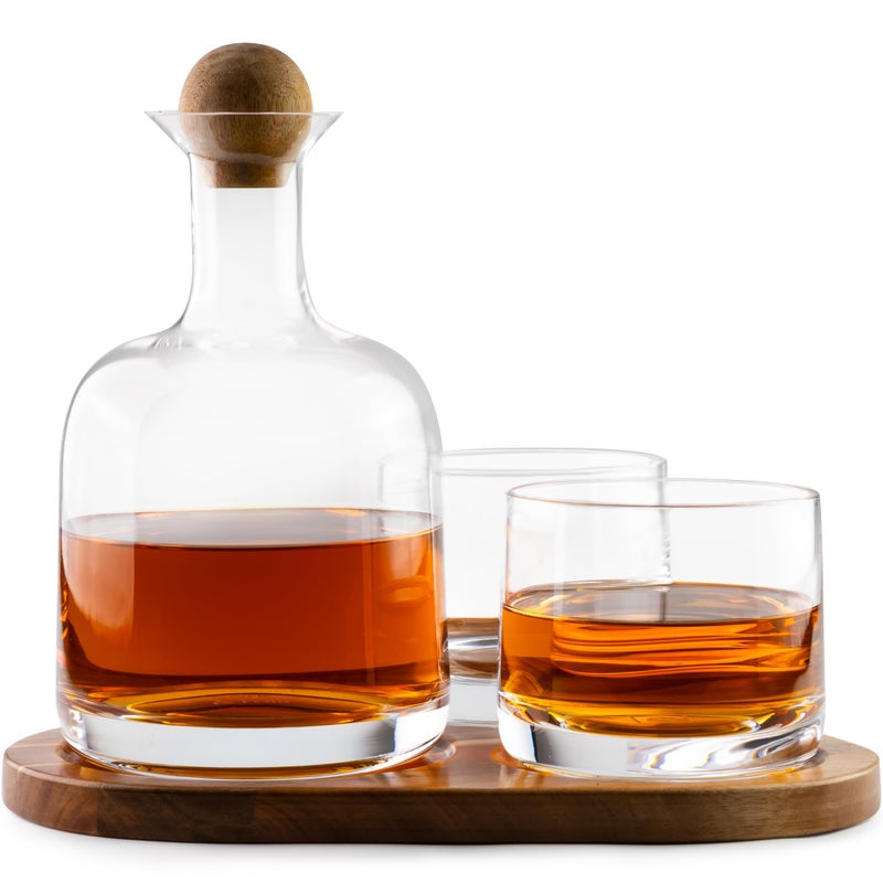 Cork & Mill Cork Mill Whiskey Decanter Set HandBlown LeadFree Crystal 800ml Liquor Decanter for Bourbon and More Two 8oz Old Fashioned Glasses Acacia Wood Stopper Display Tray Ideal Whisky Gift Set - Image 2