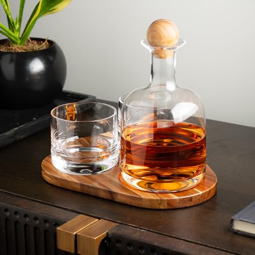 Cork & Mill Cork Mill Whiskey Decanter Set HandBlown LeadFree Crystal 800ml Liquor Decanter for Bourbon and More Two 8oz Old Fashioned Glasses Acacia Wood Stopper Display Tray Ideal Whisky Gift Set - Image 3