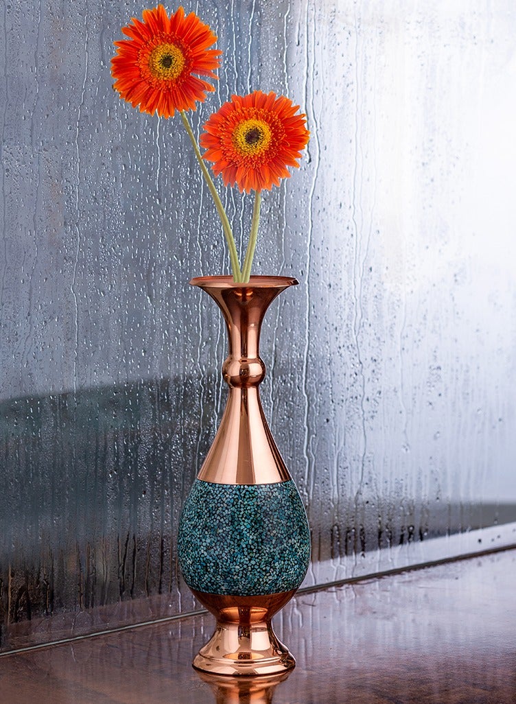 Aghajani Handcrafted Antique Copper and Turquoise Sorahi Vase, 20cm Vintage-Inspired Home Decor - Image 1