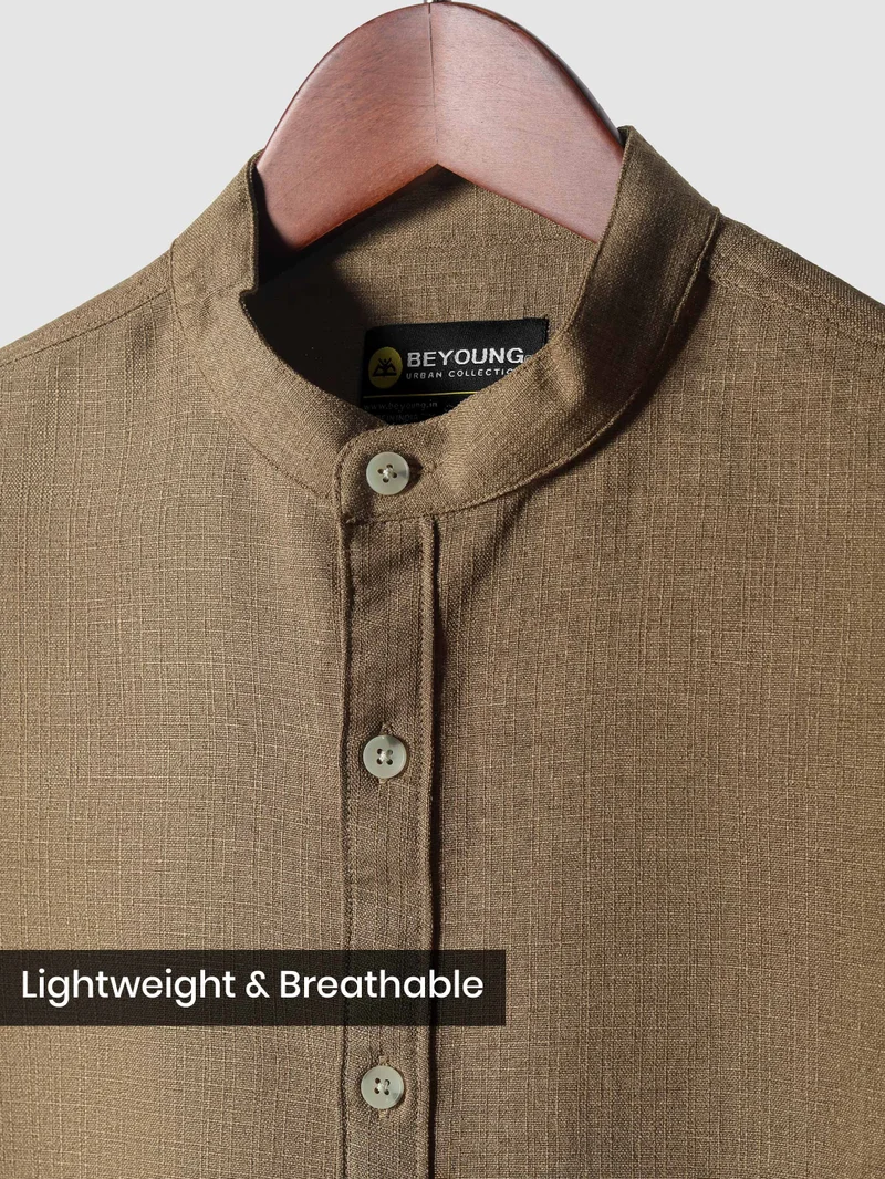 Beyoung Khaki Brown Breezy Stand Collar Shirt