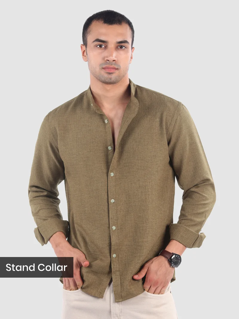 Beyoung Khaki Brown Breezy Stand Collar Shirt