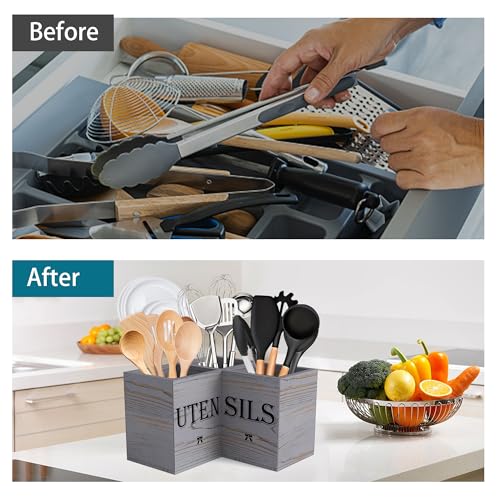 Suli Extra Large Kitchen Utensils Holder with 3 Compartments,Corner Shelf,Wooden Utensil Organizer for Kitchen Countertop, Farmhouse Decor, Rustic Cooking Utensil - Grey grain - Image 3
