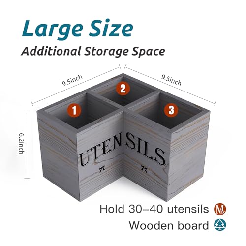 Suli Extra Large Kitchen Utensils Holder with 3 Compartments,Corner Shelf,Wooden Utensil Organizer for Kitchen Countertop, Farmhouse Decor, Rustic Cooking Utensil - Grey grain - Image 2