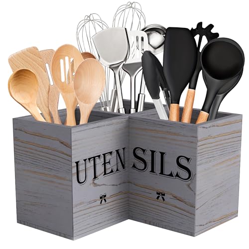 Suli Extra Large Kitchen Utensils Holder with 3 Compartments,Corner Shelf,Wooden Utensil Organizer for Kitchen Countertop, Farmhouse Decor, Rustic Cooking Utensil - Grey grain - Image 1
