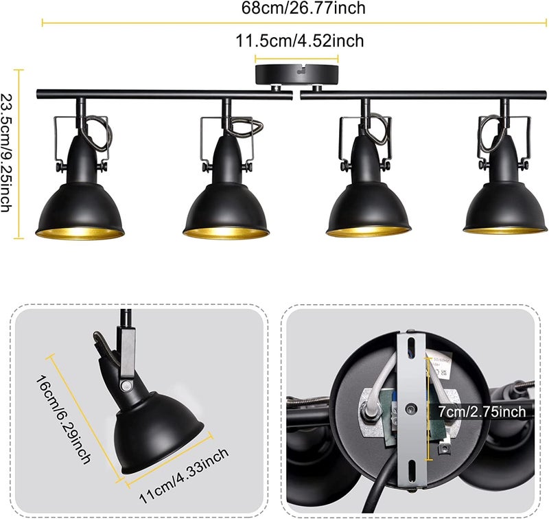 HiBay Track Lighting Fixtures Ceiling, Adjustable 4-Light Track Light Kit, Industrial Spotlight Black for Kitchen Dining Room Bedroom Hallway, E12 Base (Bulbs Not Included) - Image 5
