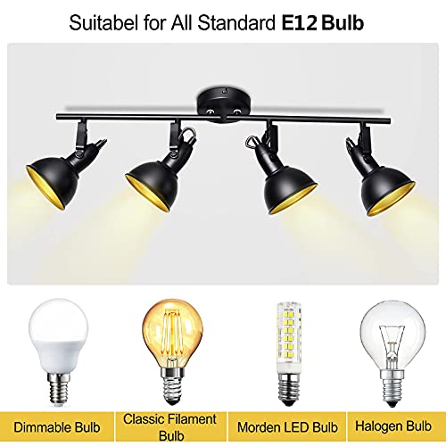 HiBay Track Lighting Fixtures Ceiling, Adjustable 4-Light Track Light Kit, Industrial Spotlight Black for Kitchen Dining Room Bedroom Hallway, E12 Base (Bulbs Not Included) - Image 4