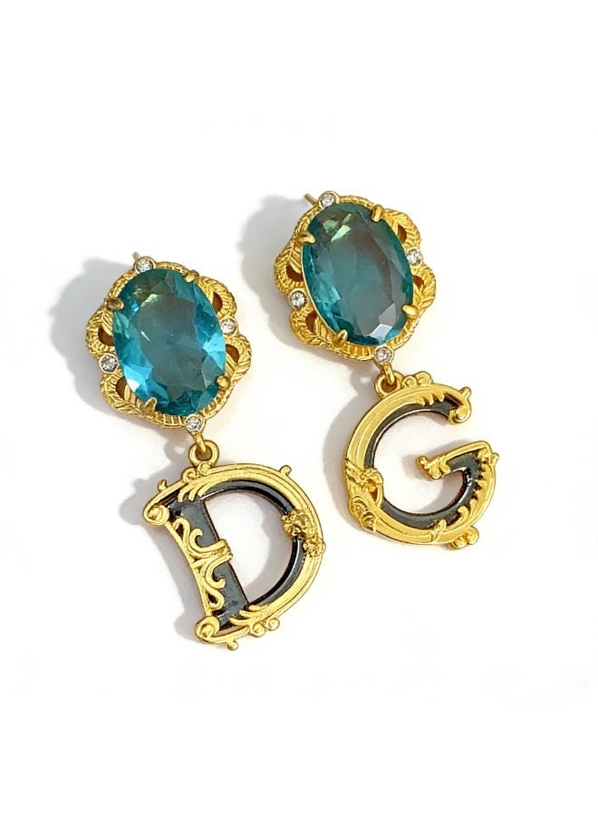 D&G Logo Drop Earrings, Gold-Tone Metal with Oval Blue Gemstone & Crystal Accents, Italian Luxury Statement Jewelry for Women - Image 1