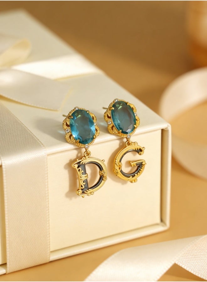 D&G Logo Drop Earrings, Gold-Tone Metal with Oval Blue Gemstone & Crystal Accents, Italian Luxury Statement Jewelry for Women - Image 2