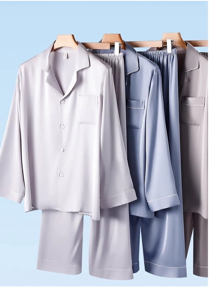 MIIOW - Ice Silk Sleepwear Men's Simulated Silk Long Sleeved High-End Home Suit Set - Image 1