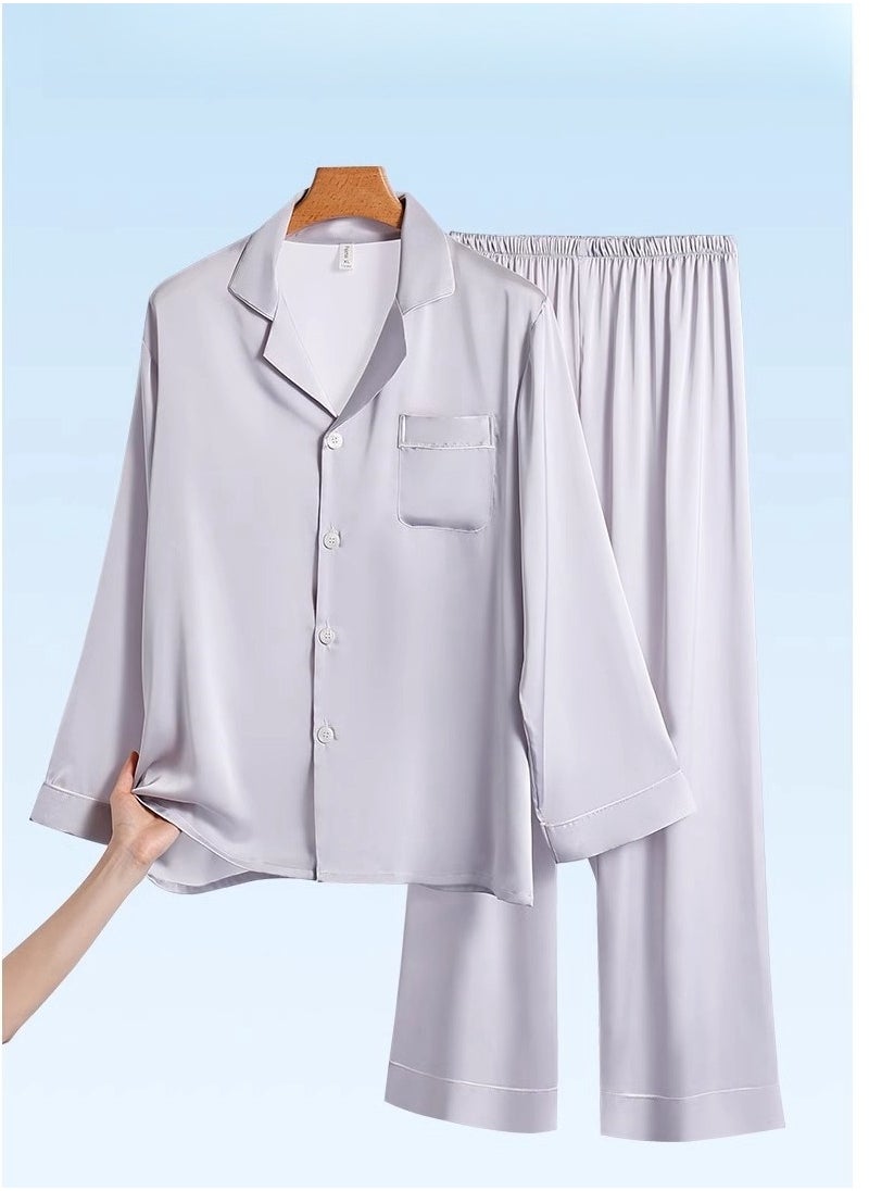 MIIOW - Ice Silk Sleepwear Men's Simulated Silk Long Sleeved High-End Home Suit Set - Image 1