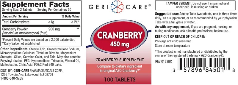 GeriCare HighPotency Cranberry Supplement  450mg Pure Cranberry Tablets for Urinary Tract Health Natural UTI Prevention for Men  Women GMO Gluten  Dairy Free Cranberry Concentrate 100 Count 2pk - Image 2