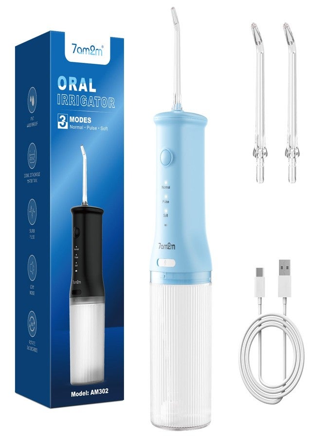 7AM2M Portable Cordless Water Flosser, Oral Irrigator with 3 Modes & 2 Tips, Fast Rechargeable, IPX7 Waterproof, Dental Water Flosser for Travel and Home Use (Light Blue - Image 1