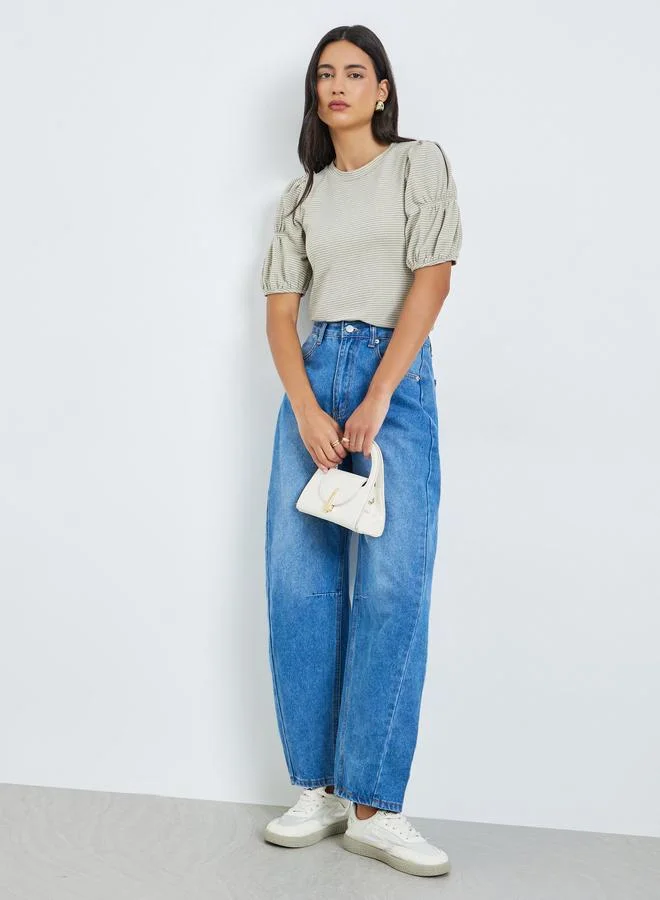 Styli Grey Striped Knit Top with Puff Sleeves