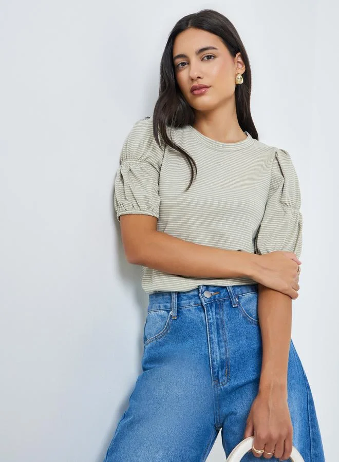 Styli Grey Striped Knit Top with Puff Sleeves