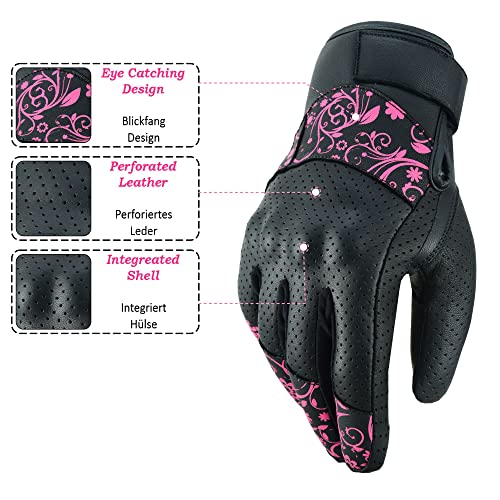 JAUNTY Motorcycle Gloves for Women Leather Riding Touchscreen Gloves for Ladies with Hard Knuckle Perforated Breathable Biker, ATV BMX, Combat Motocross, Riding Racing (Pink, X-Large) - Image 2
