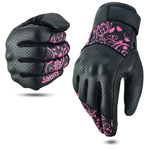 JAUNTY Motorcycle Gloves for Women Leather Riding Touchscreen Gloves for Ladies with Hard Knuckle Perforated Breathable Biker, ATV BMX, Combat Motocross, Riding Racing (Pink, X-Large) - Image 1