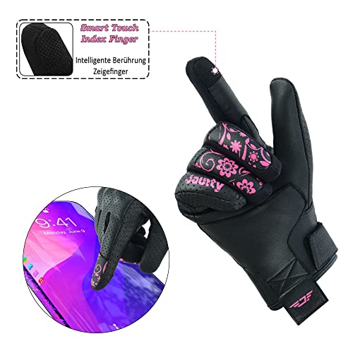 JAUNTY Motorcycle Gloves for Women Leather Riding Touchscreen Gloves for Ladies with Hard Knuckle Perforated Breathable Biker, ATV BMX, Combat Motocross, Riding Racing (Pink, X-Large) - Image 4