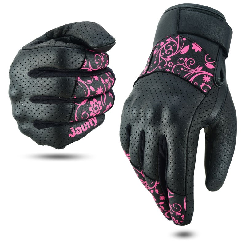 JAUNTY Motorcycle Gloves for Women Leather Riding Touchscreen Gloves for Ladies with Hard Knuckle Perforated Breathable Biker, ATV BMX, Combat Motocross, Riding Racing (Pink, X-Large) - Image 5