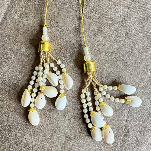 Adikala Set of 10 White Fancy Designer Kaudi Shell Pearl Beads Multi-Purpose Women's Ethnic Wear Hanging Latkan Brooch Tassels for Blouse, Lehenga, Suit & Dupatta Embellishment & Decoration - Image 4