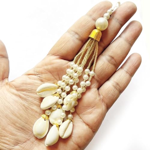 Adikala Set of 10 White Fancy Designer Kaudi Shell Pearl Beads Multi-Purpose Women's Ethnic Wear Hanging Latkan Brooch Tassels for Blouse, Lehenga, Suit & Dupatta Embellishment & Decoration - Image 1