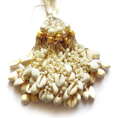 Adikala Set of 10 White Fancy Designer Kaudi Shell Pearl Beads Multi-Purpose Women's Ethnic Wear Hanging Latkan Brooch Tassels for Blouse, Lehenga, Suit & Dupatta Embellishment & Decoration - Image 3
