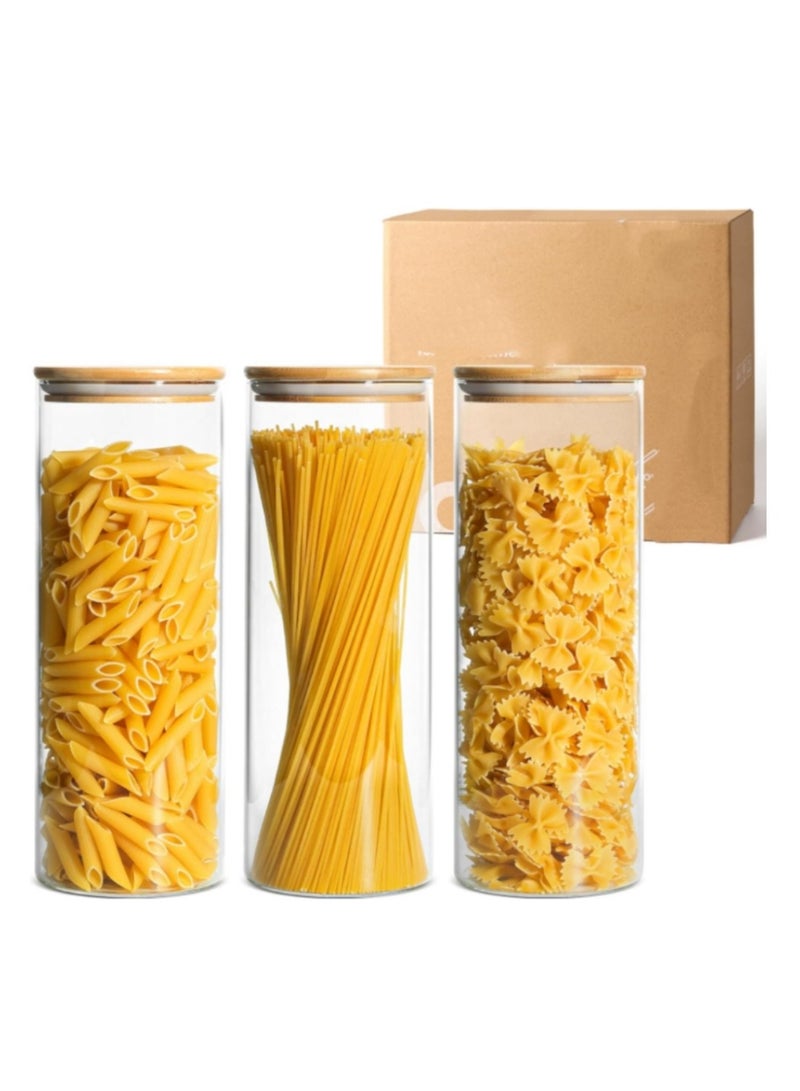OASIS-TH 70oz Glass Food Storage Jars, Set of 3 Large Food Containers with Airtight Bamboo Wooden Lids for Pasta, Nuts, Flour, Glass Canisters for Kitchen, Pantry Organization and Storage, BPA Free  - Image 1