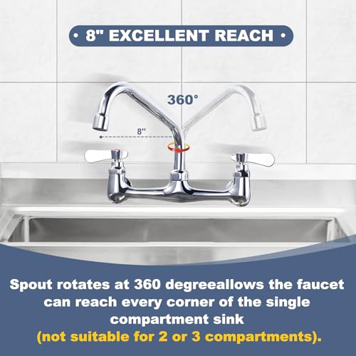 iVIGA Commercial Sink Faucet with 8” Swivel Spout, 8" Center Wall Mount Kitchen Faucet, Dual Handles Brass Utility Sink Faucet for Laundry Room Restaurant Compartment Sink, Polish Chrome - Image 2