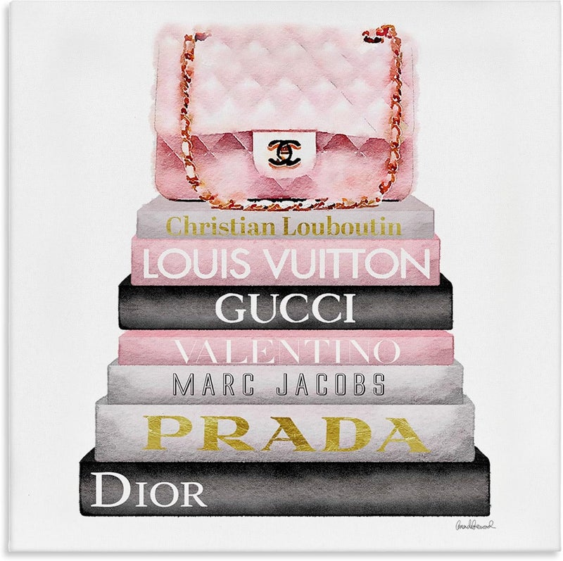 Stupell Industries The Home Décor Collection Watercolor High Fashion Bookstack Padded Pink Bag Stretched Canvas Wall Art, 17 x 17 - Image 1