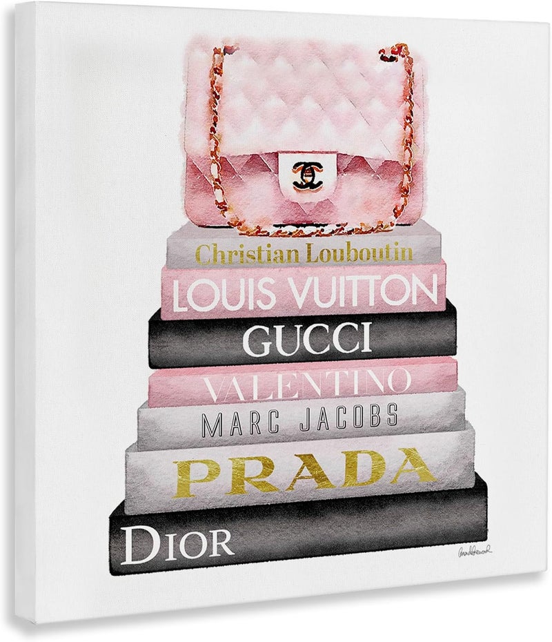 Stupell Industries The Home Décor Collection Watercolor High Fashion Bookstack Padded Pink Bag Stretched Canvas Wall Art, 17 x 17 - Image 3