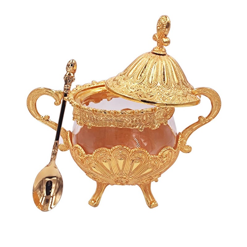 Hourwof Sugar Bowl with Lid and Spoon for Kitchen Coffee Bar and Wedding PartyMetal and Glass Sugar Container for Sugar Cube and Powder SugarSpice Condiment ContainerSalt ServerGold