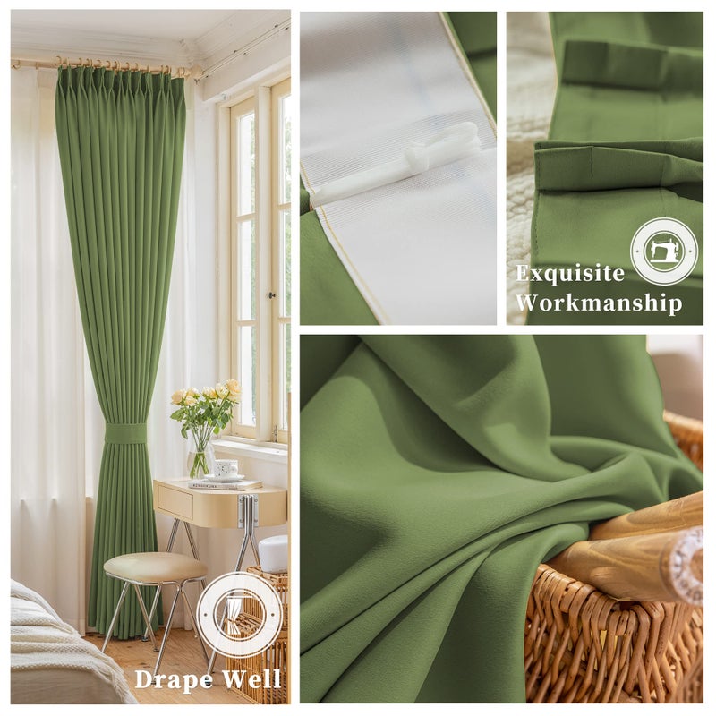 OYRING Sage Green Pinch Pleat Curtain 96 Inches Long  Triple Weave Blackout Pleated Curtain with Hooks Tieback for Living Room Bedroom  1 Panel - Image 5