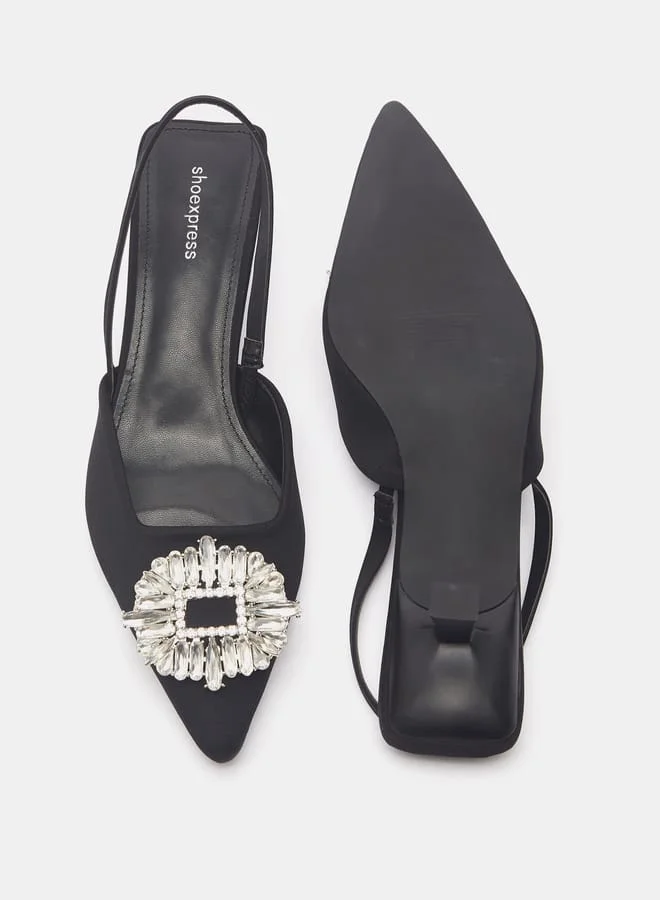 shoexpress Women Embellished Slingback Mules with Kitten Heels