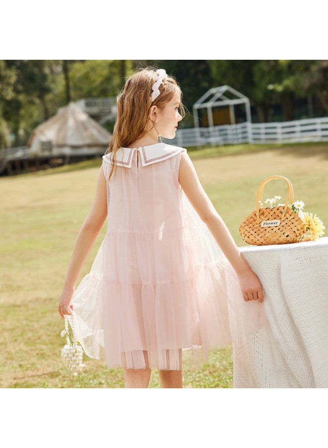 Ask Junior Girls' Sleeveless Princess Dress Summer Thin Mesh Dress Pink 140 - Image 3