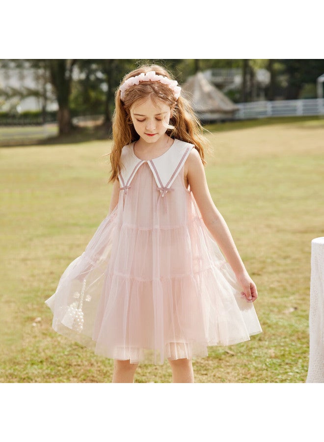 Ask Junior Girls' Sleeveless Princess Dress Summer Thin Mesh Dress Pink 140 - Image 4