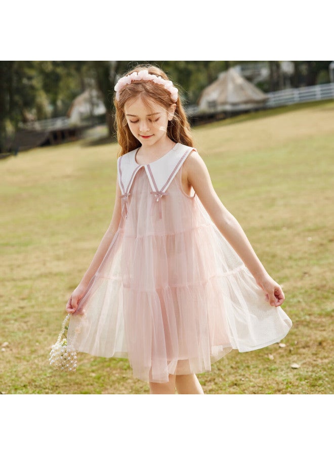 Ask Junior Girls' Sleeveless Princess Dress Summer Thin Mesh Dress Pink 140 - Image 1