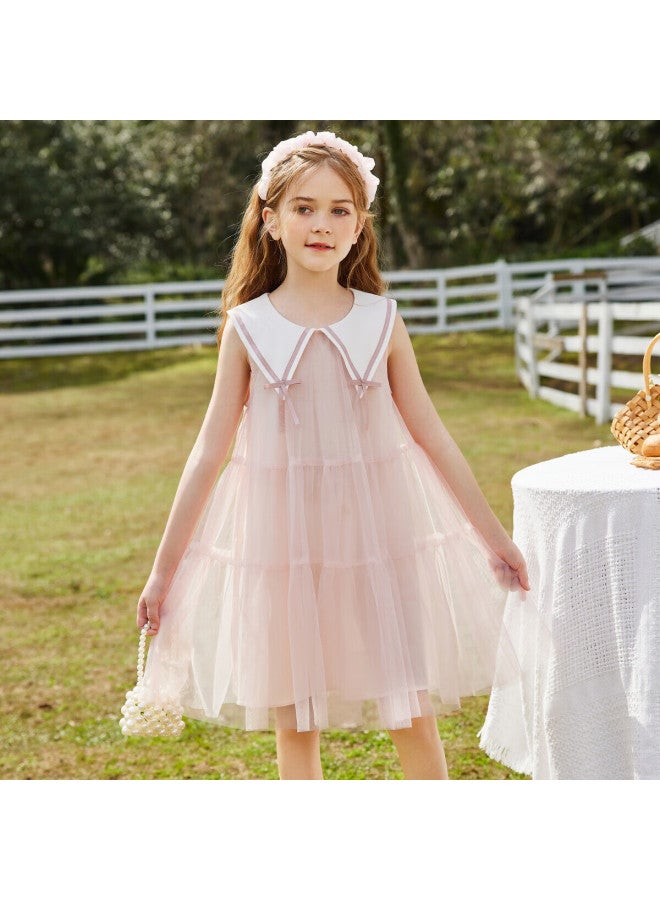 Ask Junior Girls' Sleeveless Princess Dress Summer Thin Mesh Dress Pink 140 - Image 2