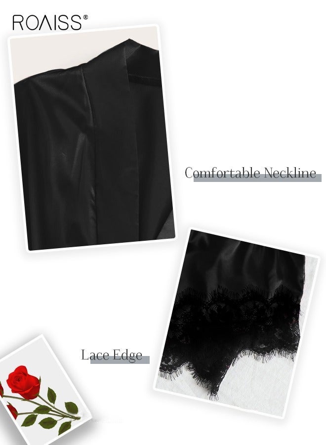 roaiss 4 Pack Women's Nightwear Set Lace Trimmed Lightweight Silk Satin Sleepwear Pajama Ladies Summer Breathable Home Wearing Clothes Suits (Underwear + Panties + Robe + Shorts) Black - Image 3