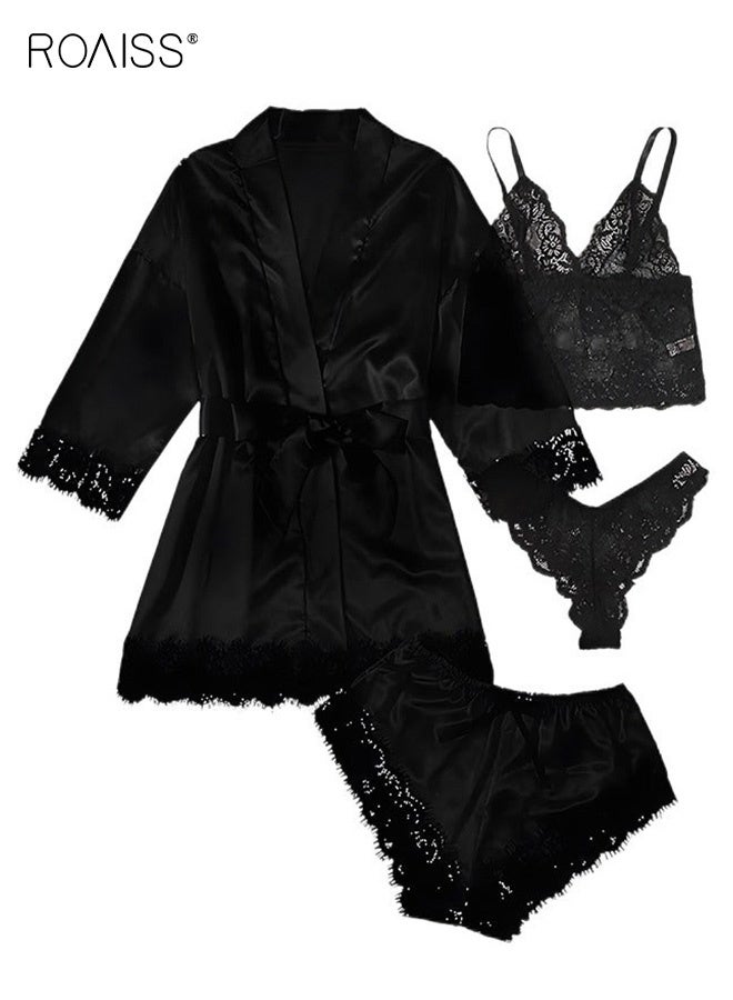 4 Pack Women's Nightwear Set Lace Trimmed Lightweight Silk Satin Sleepwear Pajama Ladies Summer Breathable Home Wearing Clothes Suits (Underwear + Panties + Robe + Shorts) Black