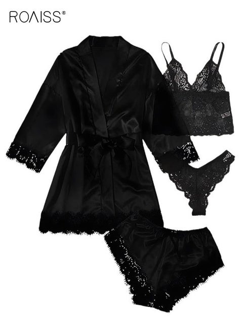 طقم بيجاما نسائي مكون من 4 قطع، مصنوع من حرير الساتان الخفيف الوزن ومزين بالدانتيل، مناسب لفصل الصيف، يسمح بمرور الهواء، مثالي للارتداء المنزلي (ملابس داخلية + سروال داخلي + روب + شورت) أسود