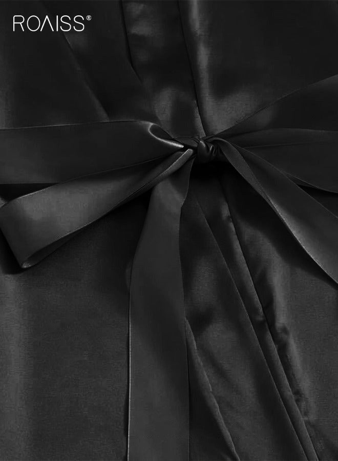 roaiss 4 Pack Women's Nightwear Set Lace Trimmed Lightweight Silk Satin Sleepwear Pajama Ladies Summer Breathable Home Wearing Clothes Suits (Underwear + Panties + Robe + Shorts) Black - Image 5