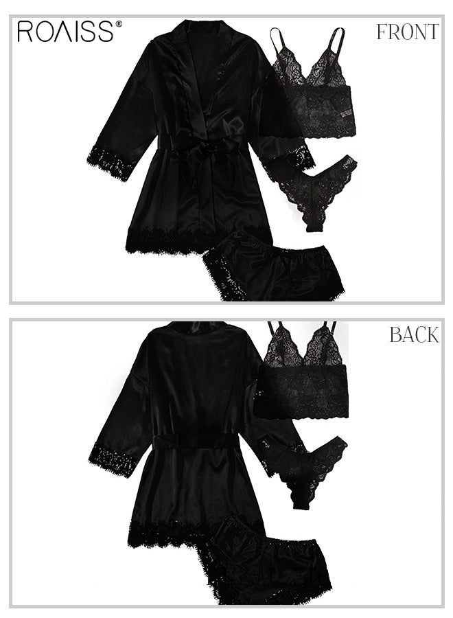 roaiss 4 Pack Women's Nightwear Set Lace Trimmed Lightweight Silk Satin Sleepwear Pajama Ladies Summer Breathable Home Wearing Clothes Suits (Underwear + Panties + Robe + Shorts) Black - Image 4