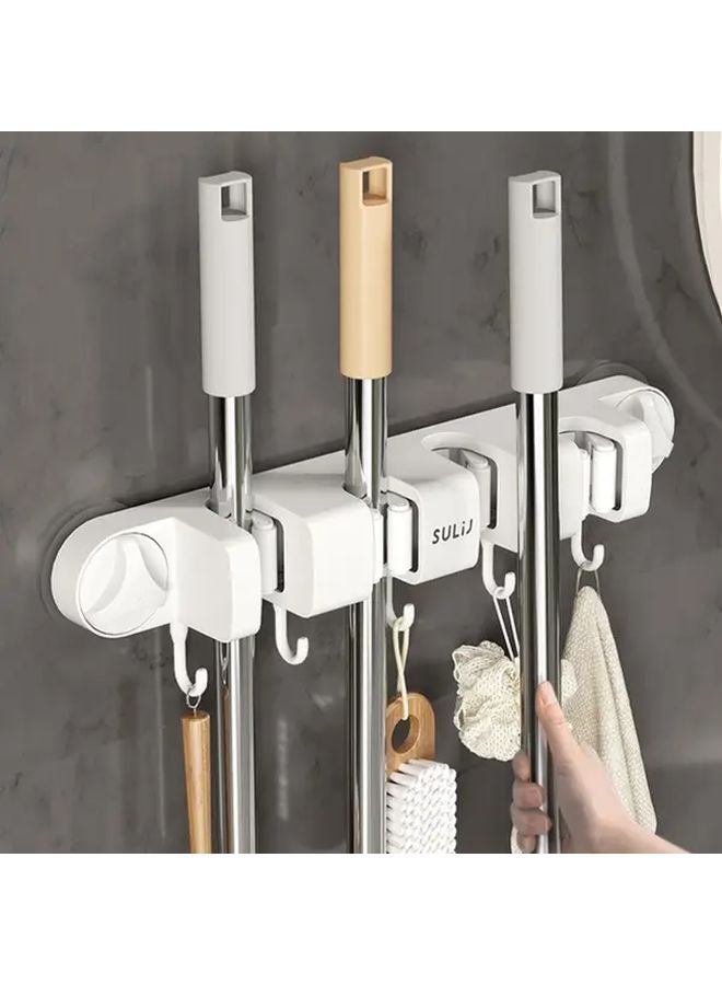White No Drill Wall Mounted Broom Holder Heavy Duty Suction Cup Mop Organizer Adjustable Clamp - Image 1